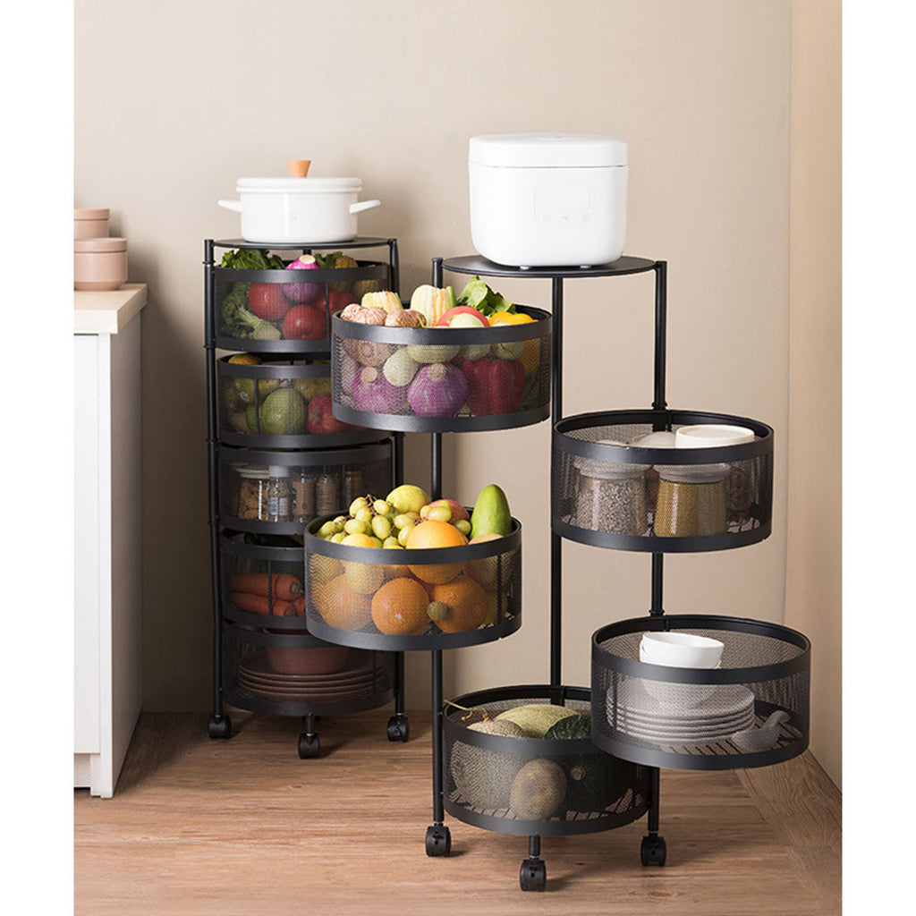 NNEAGS 5 Tier Steel Round Rotating Kitchen Cart Multi-Functional Shelves Portable Storage Organizer with Wheels-2