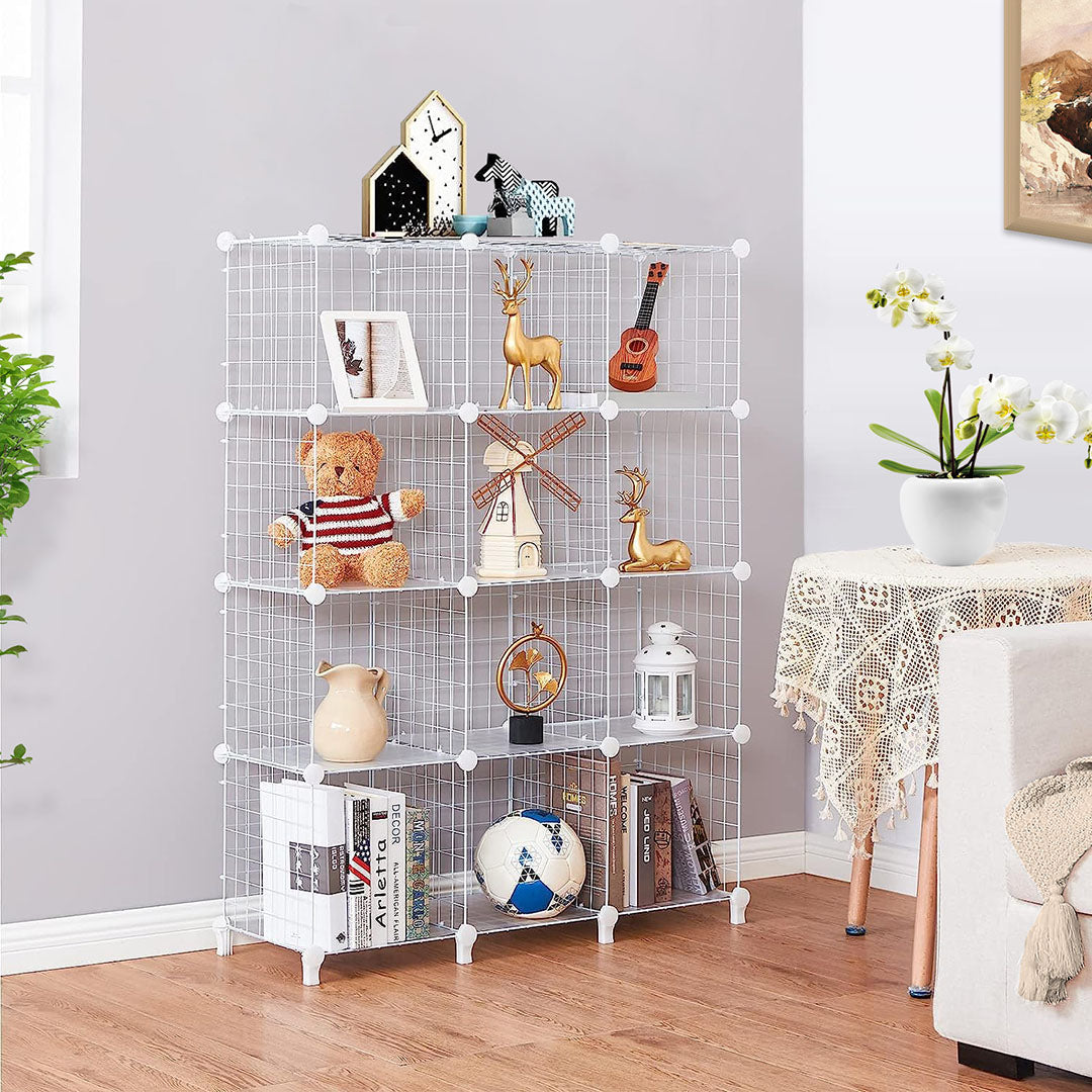 NNEAGS White Portable 12-Cube 3 Column Storage Organiser Foldable DIY Modular Grid Space Saving Shelf-2