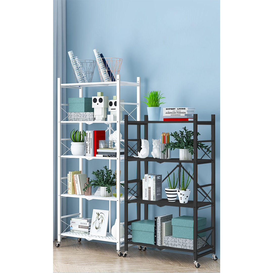 NNEAGS 4 Tier Steel Black Foldable Display Stand Multi-Functional Shelves Portable Storage Organizer with Wheels-2