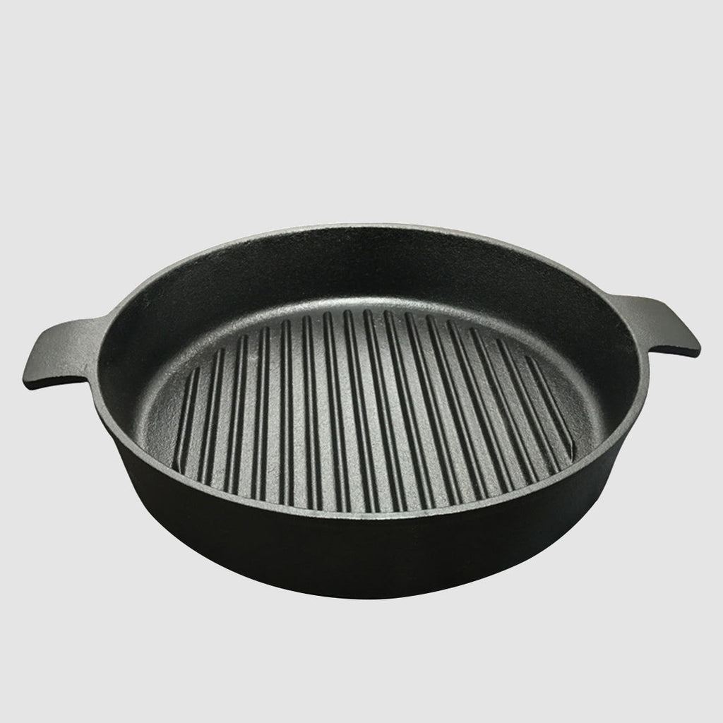 NNEAGS 2X 25cm Round Ribbed Cast Iron Frying Pan Skillet Steak Sizzle Platter with Handle-2