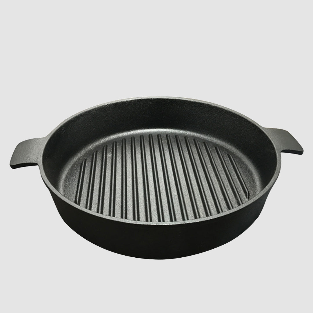 NNEAGS 2X 25cm Round Ribbed Cast Iron Frying Pan Skillet Steak Sizzle Platter with Handle-2