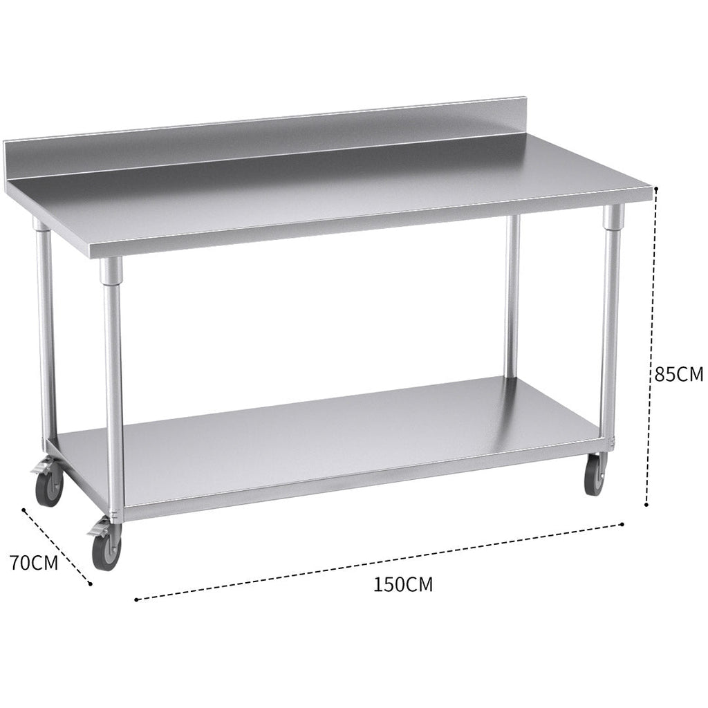NNEAGS 150cm Catering Kitchen Stainless Steel Prep Work Bench Table with Backsplash and Caster Wheels-2