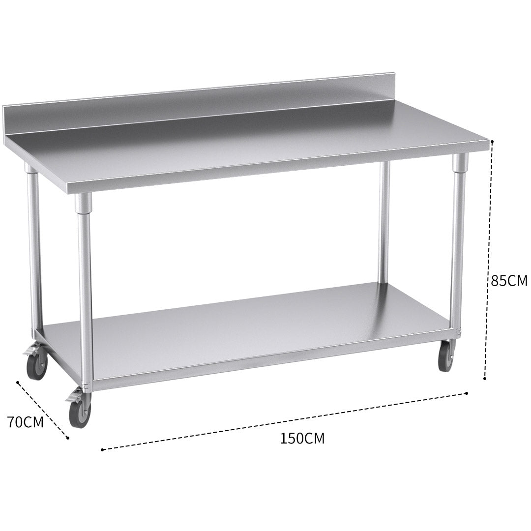 NNEAGS 150cm Catering Kitchen Stainless Steel Prep Work Bench Table with Backsplash and Caster Wheels-2