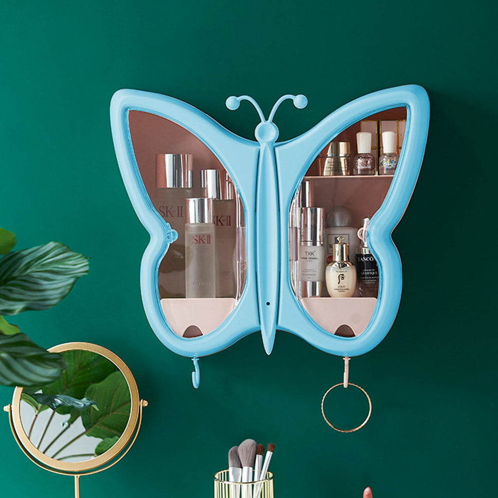 NNEAGS 2X Blue Butterfly Shape Wall-Mounted Makeup Organiser Dustproof Waterproof Bathroom Storage Box Home Decor-2