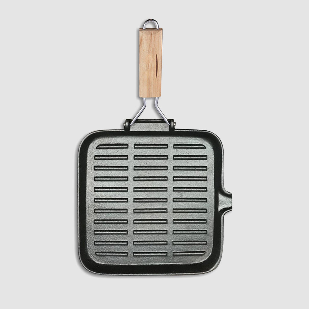 NNEAGS 2X 28cm Ribbed Cast Iron Square Steak Frying Grill Skillet Pan with Folding Wooden Handle-2