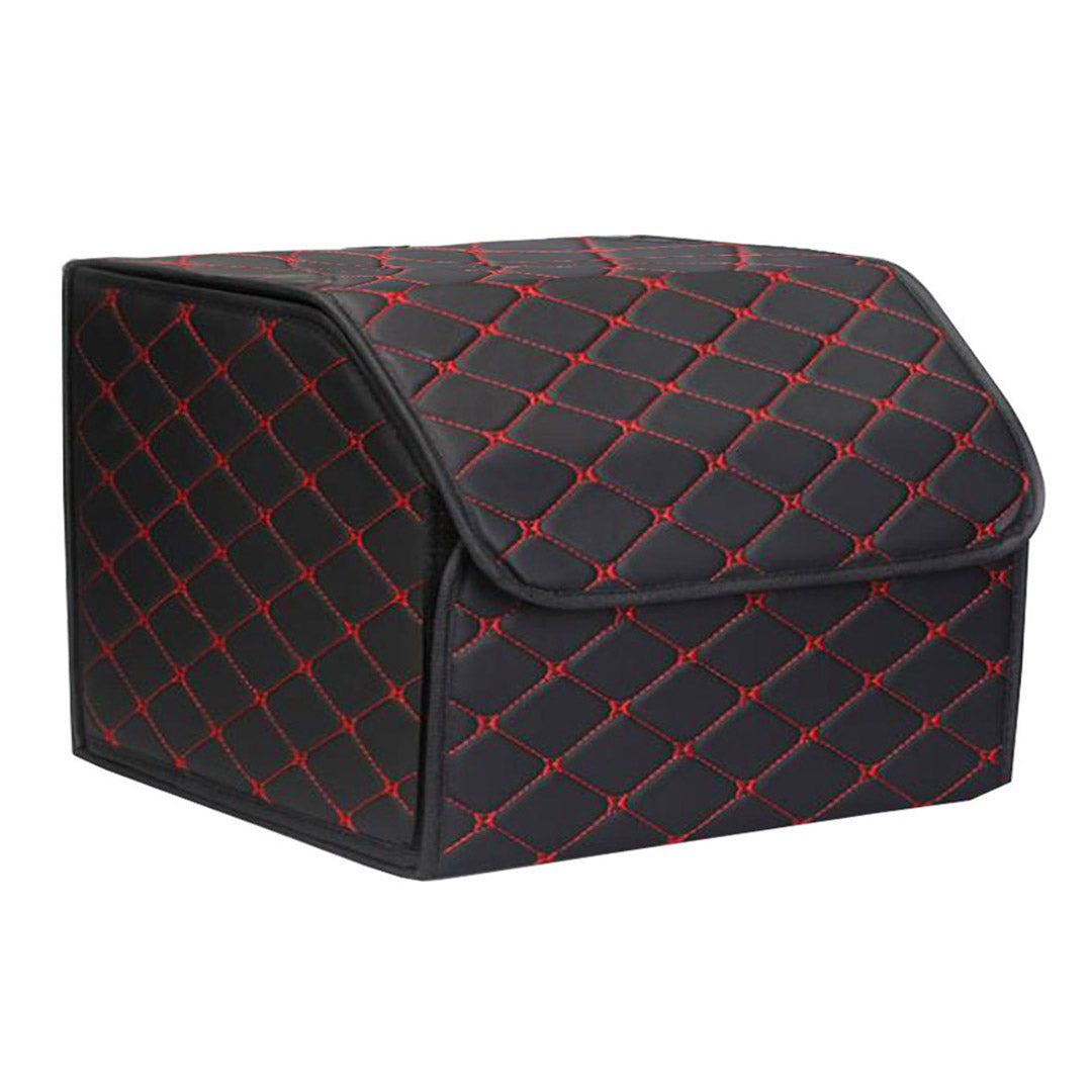 NNEAGS 4X Leather Car Boot Collapsible Foldable Trunk Cargo Organizer Portable Storage Box Black/Red Stitch Medium-2