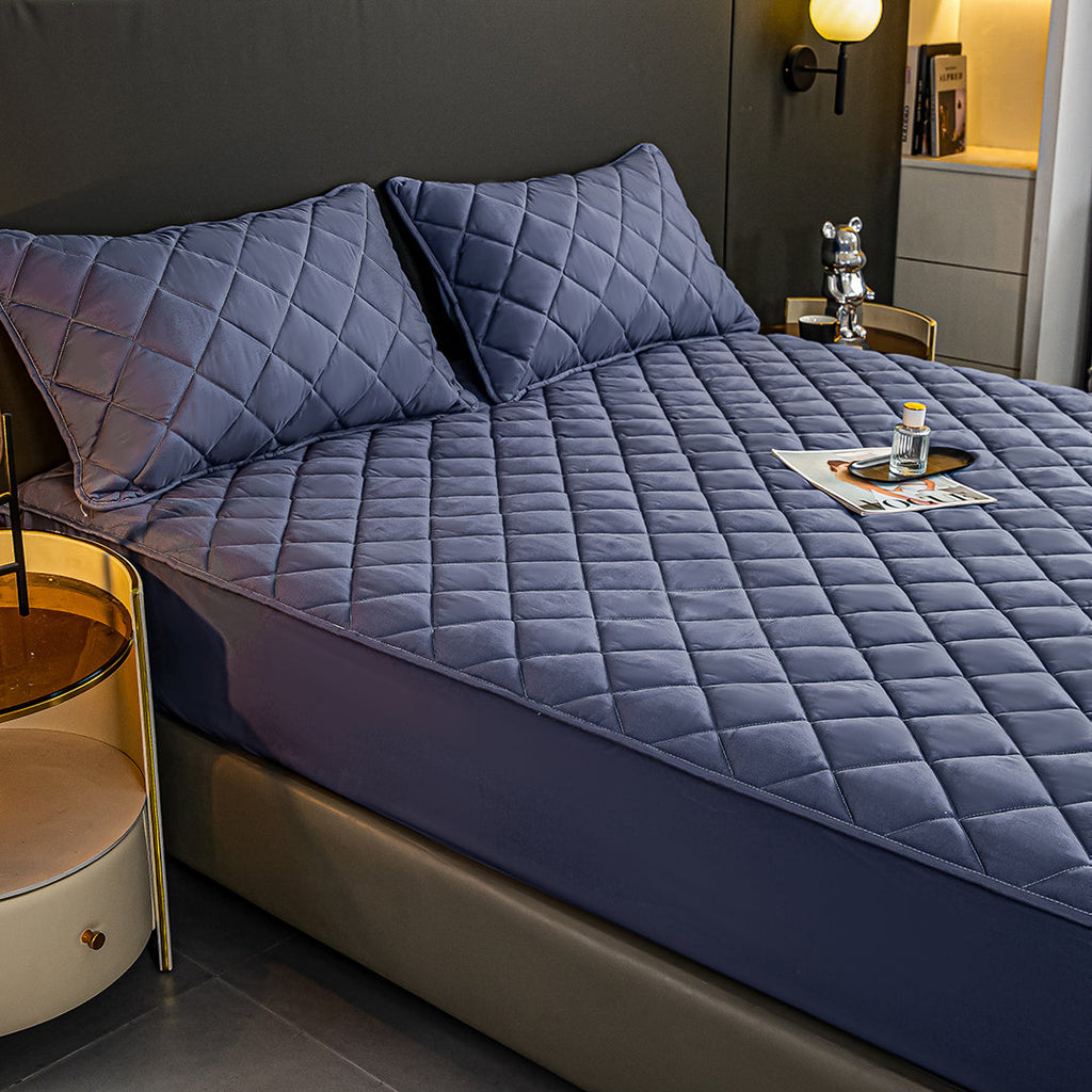 NNEAGS 2X Blue 183cm Wide Cross-Hatch Mattress Cover Thick Quilted Stretchable Bed Spread Sheet Protector with Pillow Covers-2
