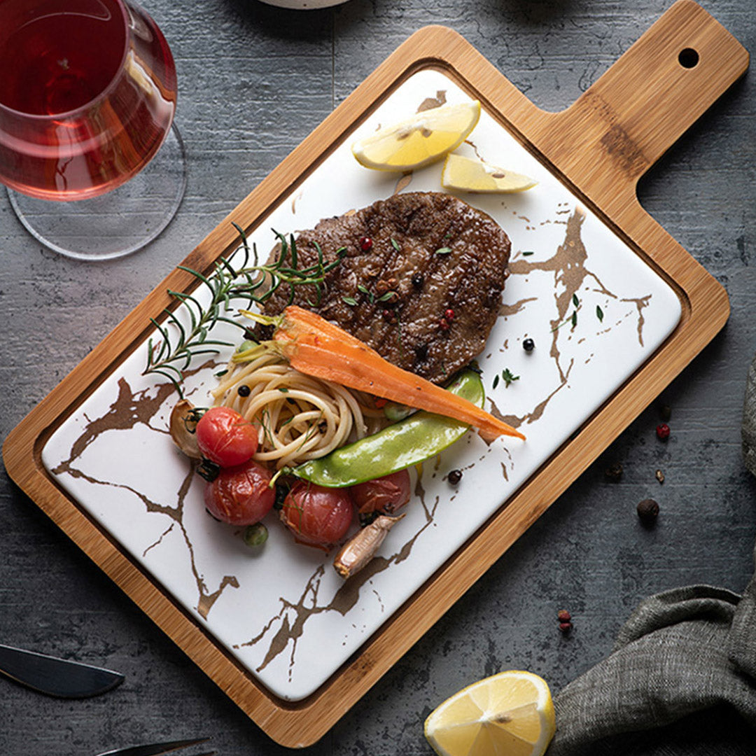 NNEAGS 2X 33.5cm White Square Wooden Serving Tray Slate Steak Serving Platter Chopping Board Paddle Home Decor-2