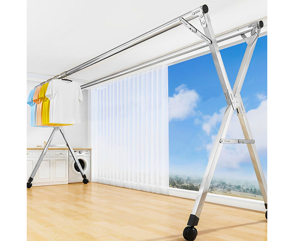 NNEAGS 2.4m Portable Standing Clothes Drying Rack Foldable Space-Saving Laundry Holder with Wheels-2