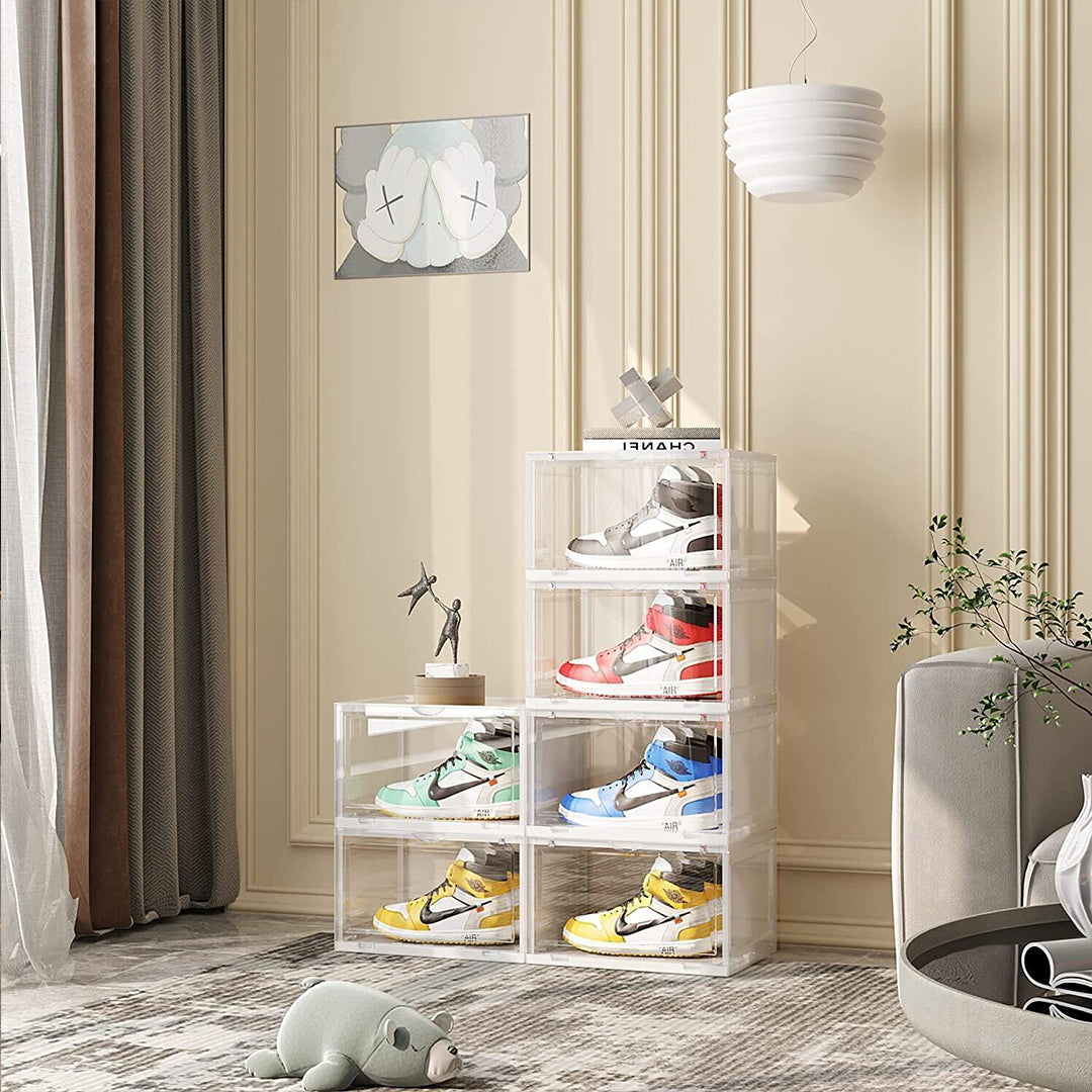 NNEAGS 2X 4 Tier Transparent Portable Shoe Organiser Sneaker Footwear Folding Plastic Bin Stackable Storage Box with Magnetic Door-2