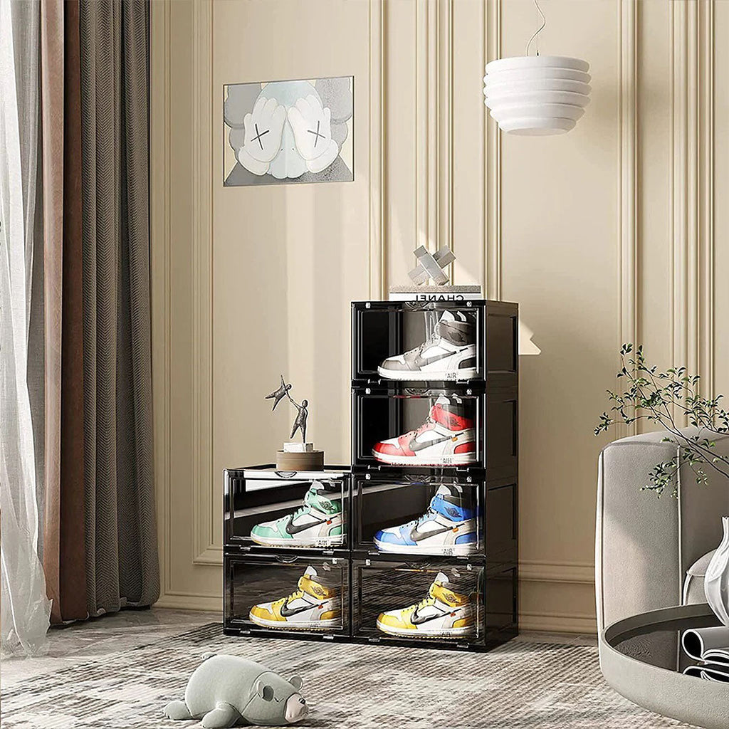 NNEAGS 2X 5 Tier Black Portable Shoe Organiser Sneaker Footwear Folding Plastic Bin Stackable Storage Box with Magnetic Door-2