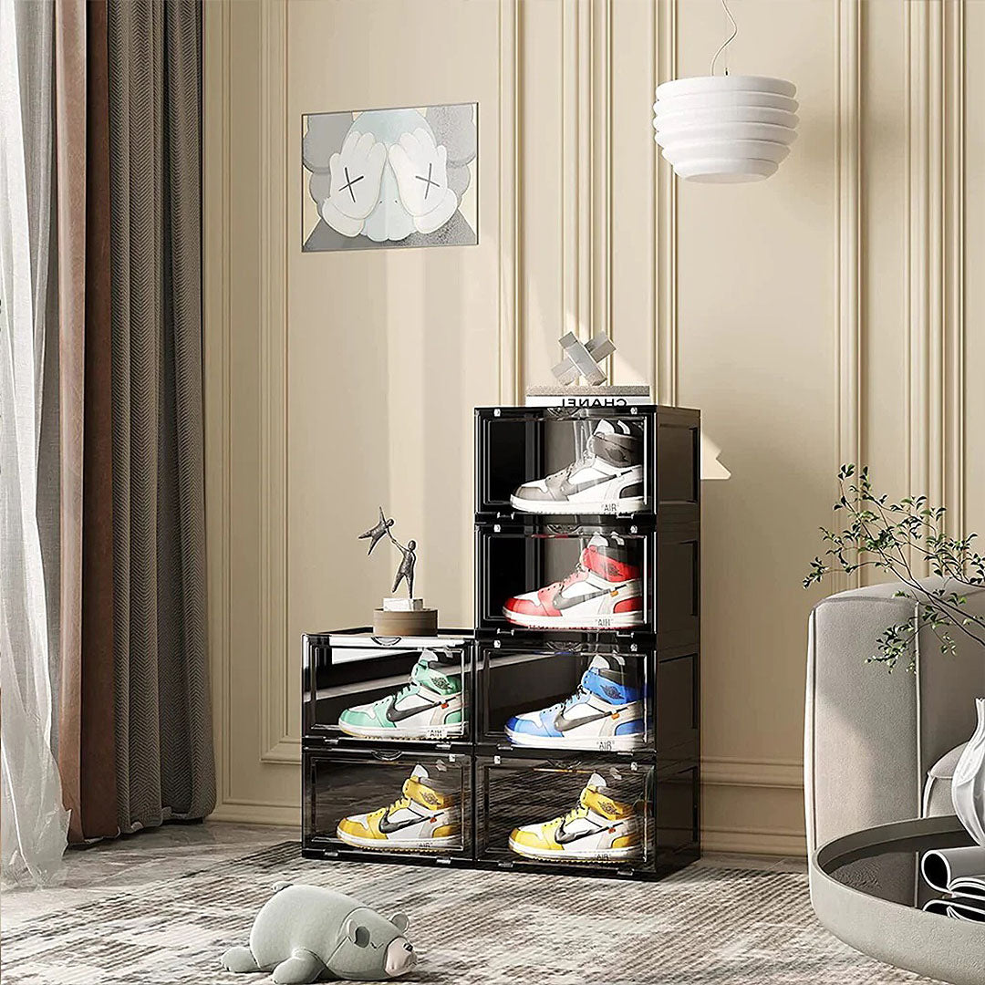 NNEAGS 2X 5 Tier Black Portable Shoe Organiser Sneaker Footwear Folding Plastic Bin Stackable Storage Box with Magnetic Door-2