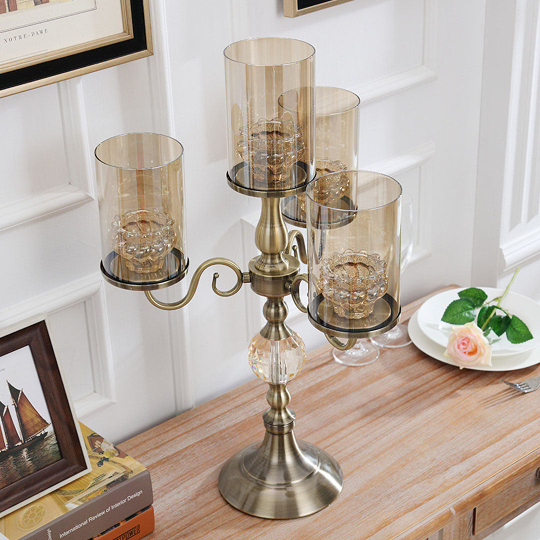 NNEAGS 58cm 4-Slots Glass Candlestick Candle Holder Stand Pillar Glass/Iron Metal-3