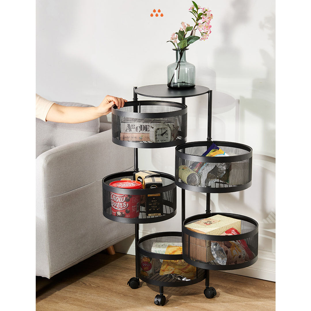 NNEAGS 5 Tier Steel Round Rotating Kitchen Cart Multi-Functional Shelves Portable Storage Organizer with Wheels-3