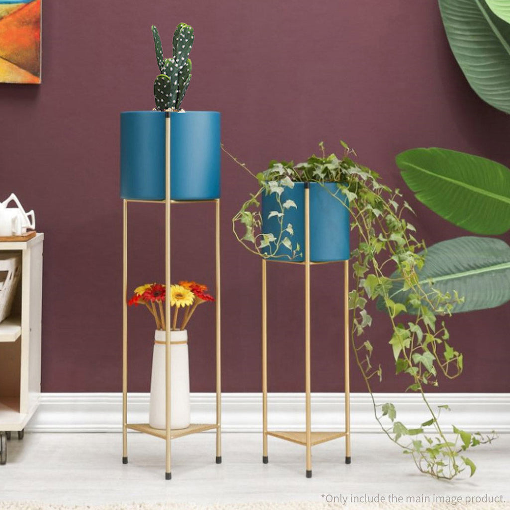 NNEAGS 2 Layer 65cm Gold Metal Plant Stand with Blue Flower Pot Holder Corner Shelving Rack Indoor Display-3
