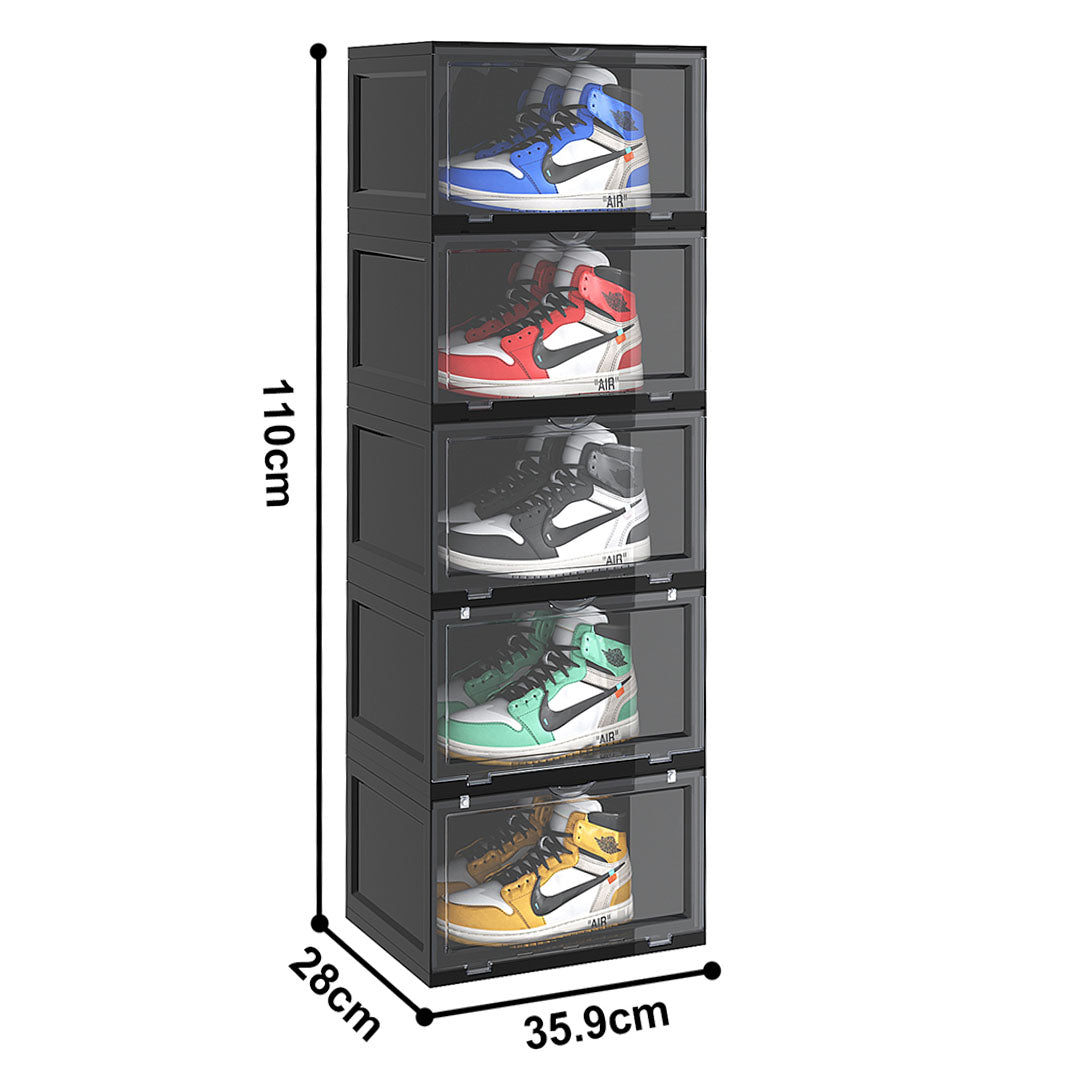 NNEAGS 2X 5 Tier Black Portable Shoe Organiser Sneaker Footwear Folding Plastic Bin Stackable Storage Box with Magnetic Door-3