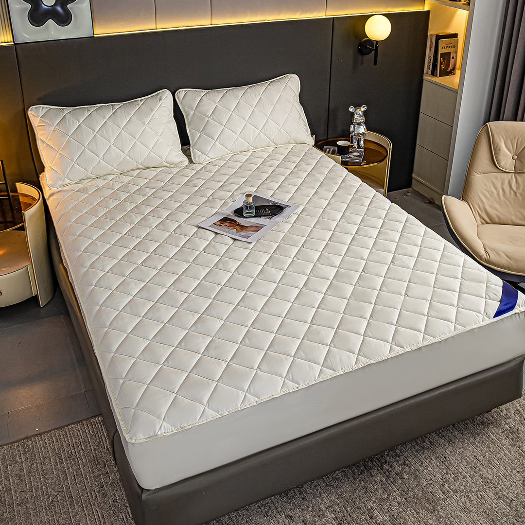 NNEAGS 2X White 138cm Wide Cross-Hatch Mattress Cover Thick Quilted Stretchable Bed Spread Sheet Protector with Pillow Covers-3