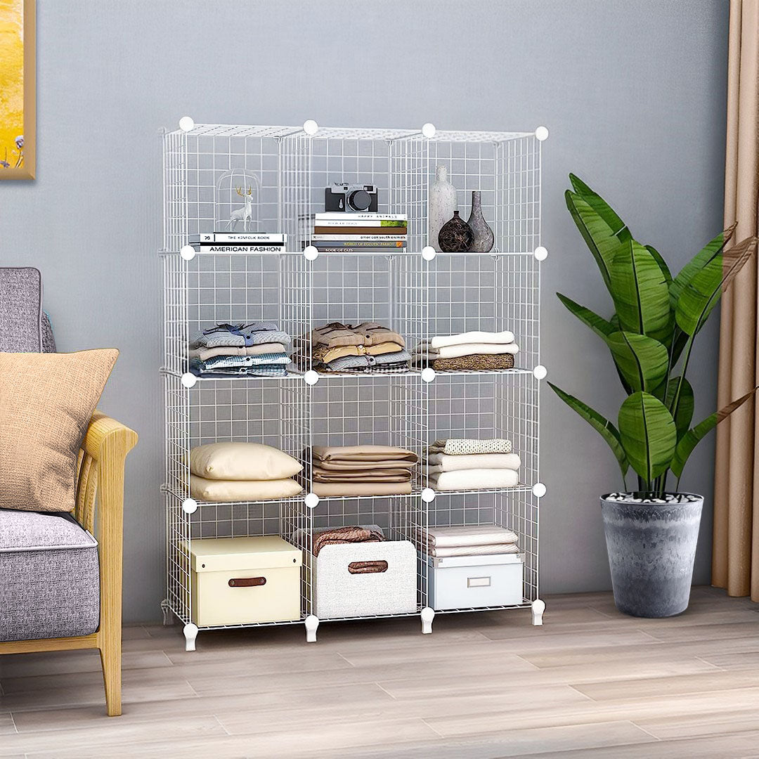 NNEAGS White Portable 12-Cube 3 Column Storage Organiser Foldable DIY Modular Grid Space Saving Shelf-3