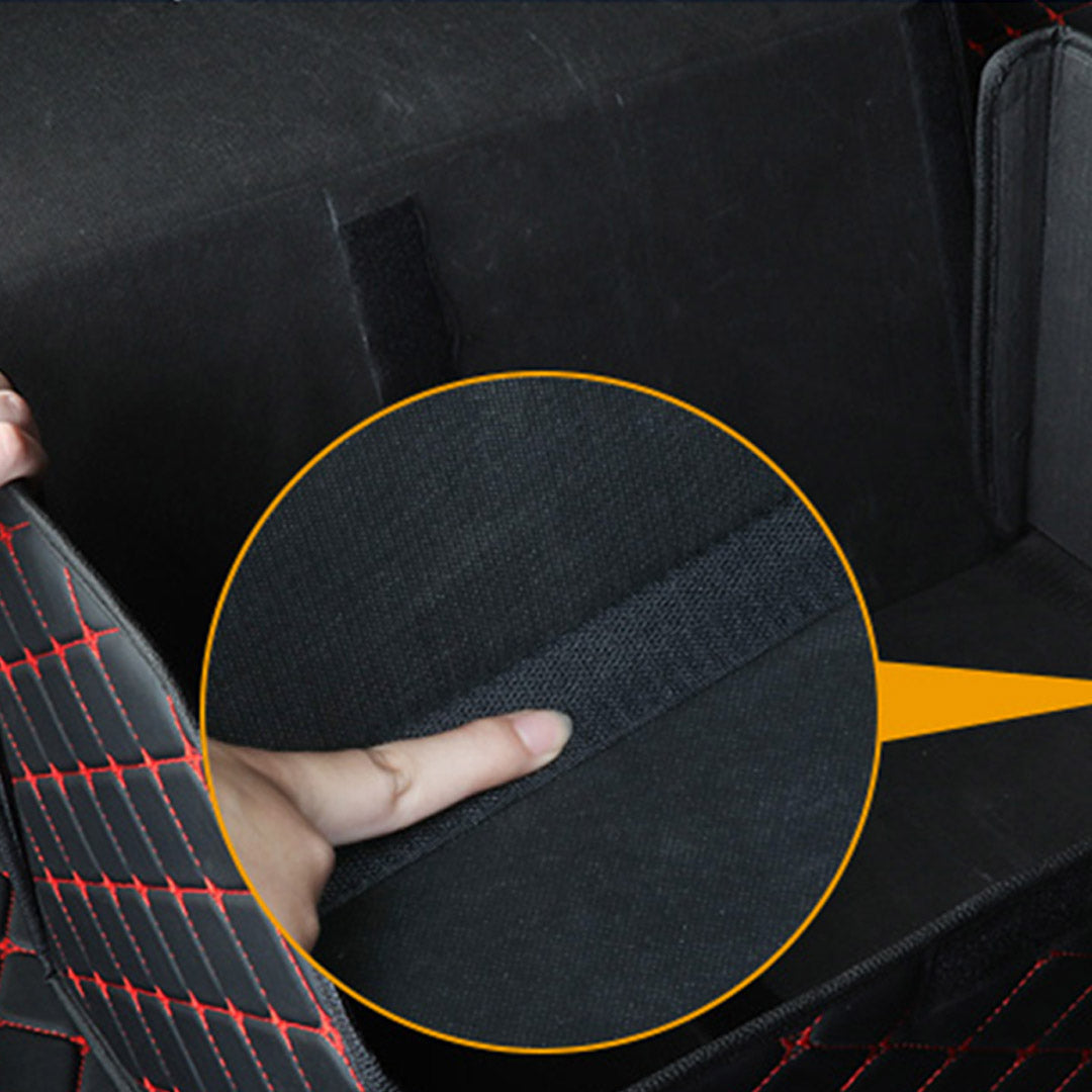 NNEAGS 4X Leather Car Boot Collapsible Foldable Trunk Cargo Organizer Portable Storage Box Black/Red Stitch Small-3