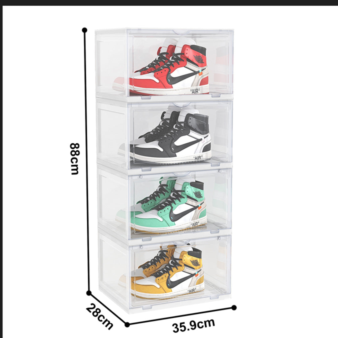 NNEAGS 2X 4 Tier Transparent Portable Shoe Organiser Sneaker Footwear Folding Plastic Bin Stackable Storage Box with Magnetic Door-3