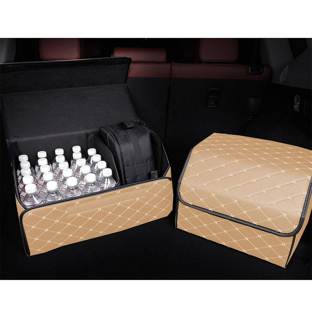 NNEAGS 4X Leather Car Boot Collapsible Foldable Trunk Cargo Organizer Portable Storage Box Beige/Gold Stitch Large-3