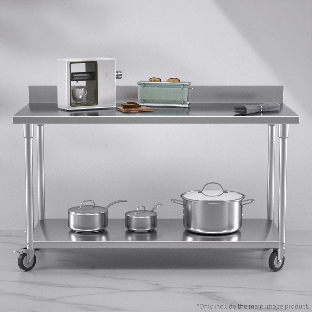 NNEAGS 150cm Catering Kitchen Stainless Steel Prep Work Bench Table with Backsplash and Caster Wheels-3