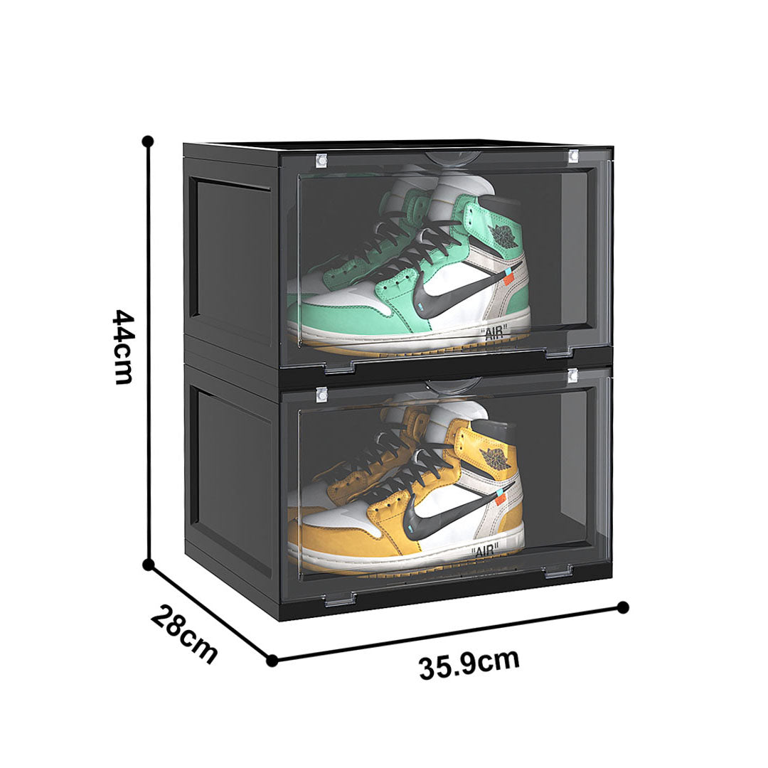 NNEAGS 2X 2 Tier Black Portable Shoe Organiser Sneaker Footwear Folding Plastic Bin Stackable Storage Box with Magnetic Door-3