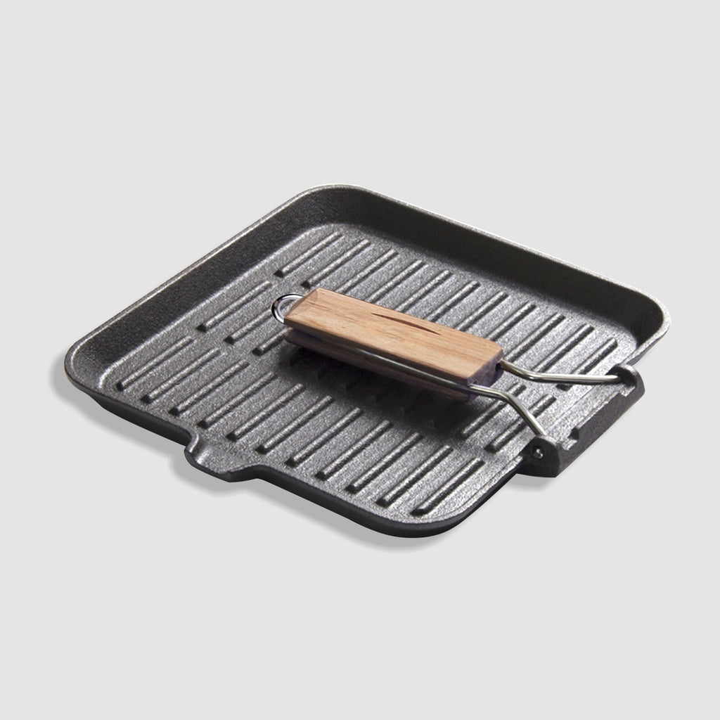 NNEAGS 2X 28cm Ribbed Cast Iron Square Steak Frying Grill Skillet Pan with Folding Wooden Handle-3
