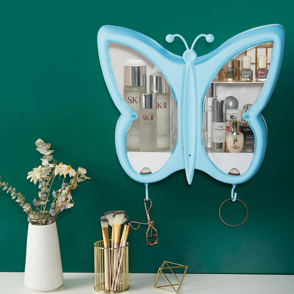 NNEAGS 2X Blue Butterfly Shape Wall-Mounted Makeup Organiser Dustproof Waterproof Bathroom Storage Box Home Decor-3