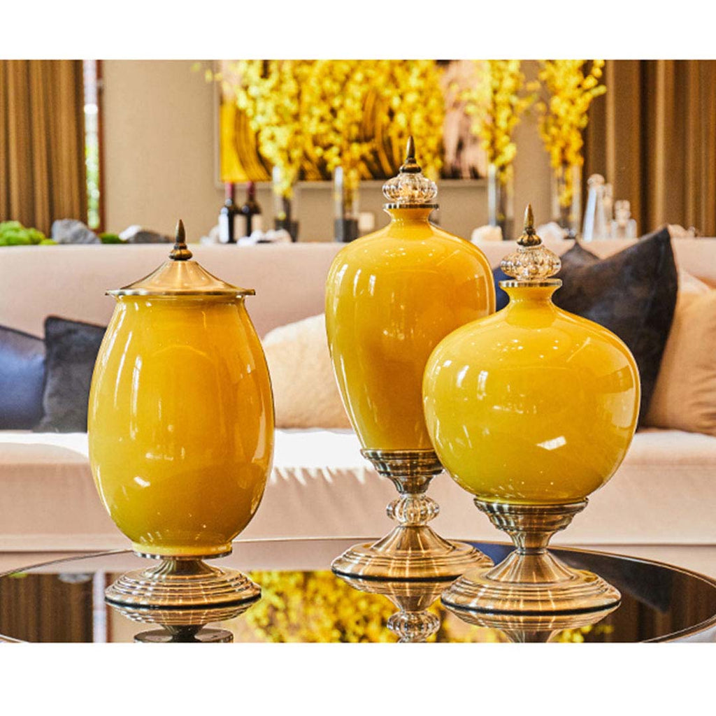 NNEAGS 2X 42cm Ceramic Oval Flower Vase with Gold Metal Base Yellow-3