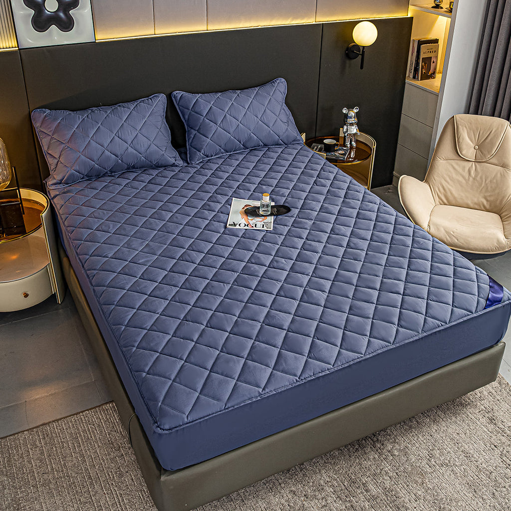 NNEAGS Blue 183cm Wide Cross-Hatch Mattress Cover Thick Quilted Stretchable Bed Spread Sheet Protector with Pillow Covers-3