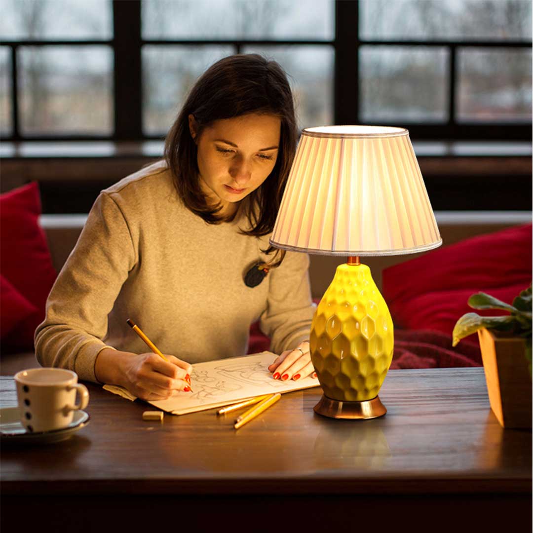 NNEAGS 4X Textured Ceramic Oval Table Lamp with Gold Metal Base Yellow-3