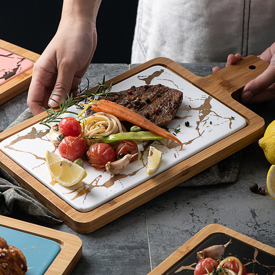 NNEAGS 2X 33.5cm White Square Wooden Serving Tray Slate Steak Serving Platter Chopping Board Paddle Home Decor-3