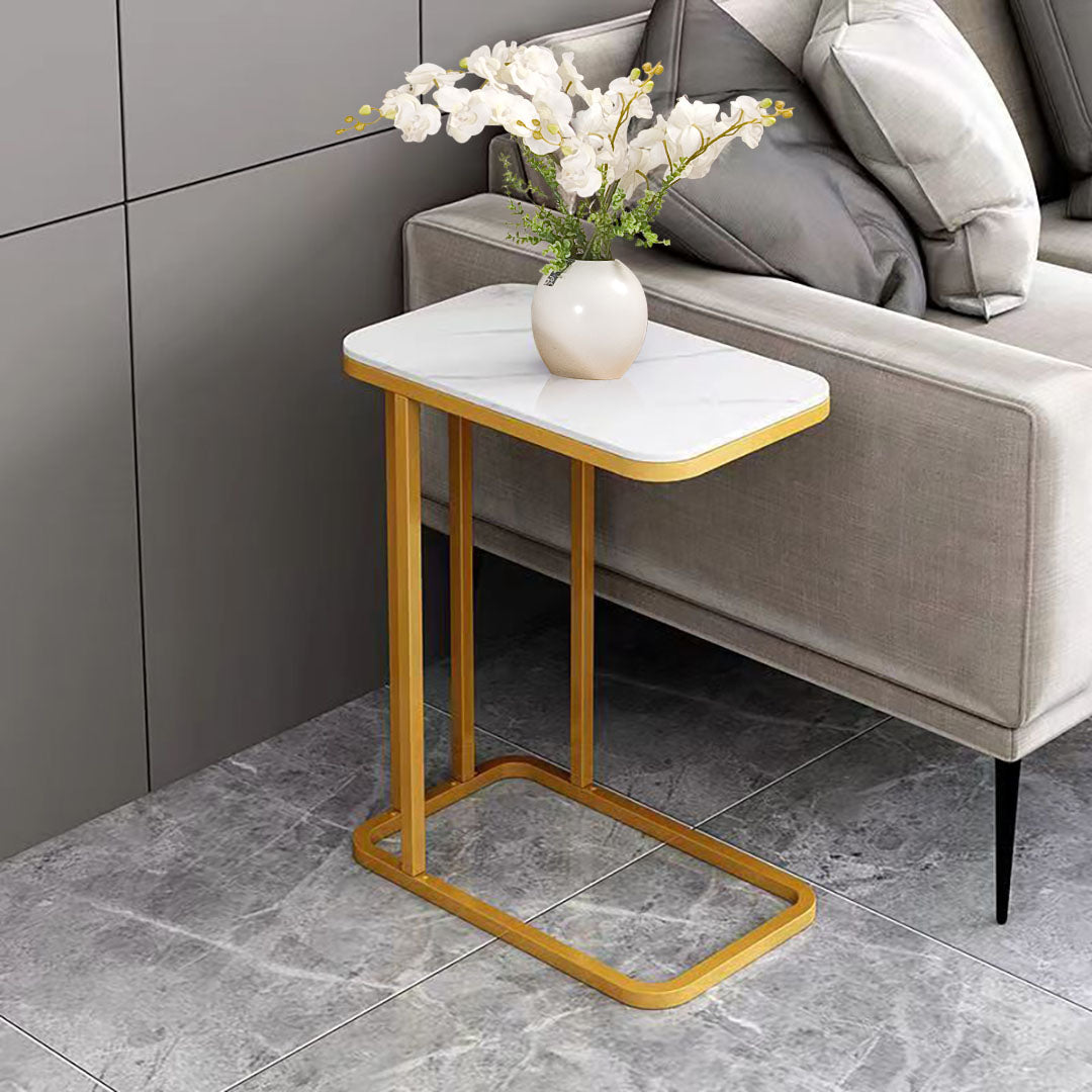 NNEAGS 2X 30x50cm White Ceramic Sofa Side Square Mini Table w/ Gold Metal Legs-3