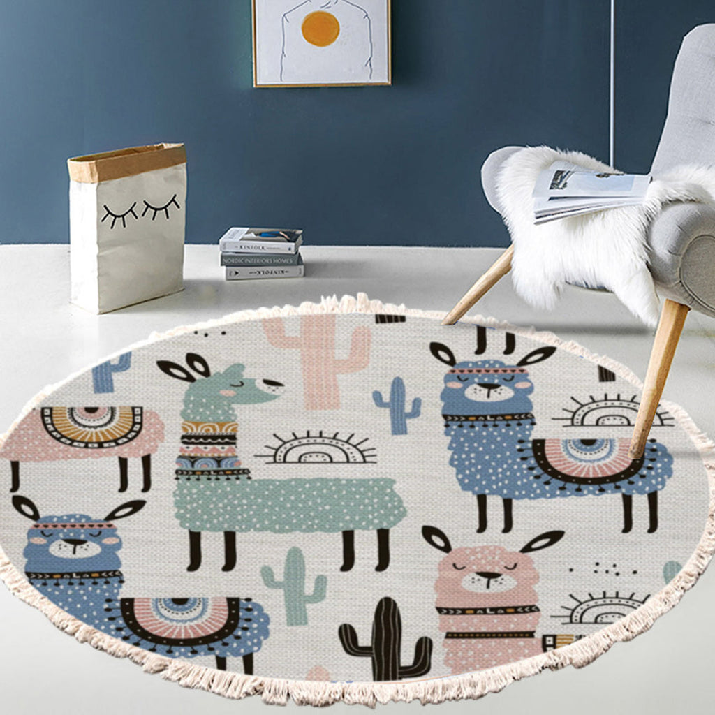 NNEAGS 2X 120cm Alpaca Cactus Pattern Rug Desert Animals Non-Slip Round Area Rugs for Living Room Dining Room-4