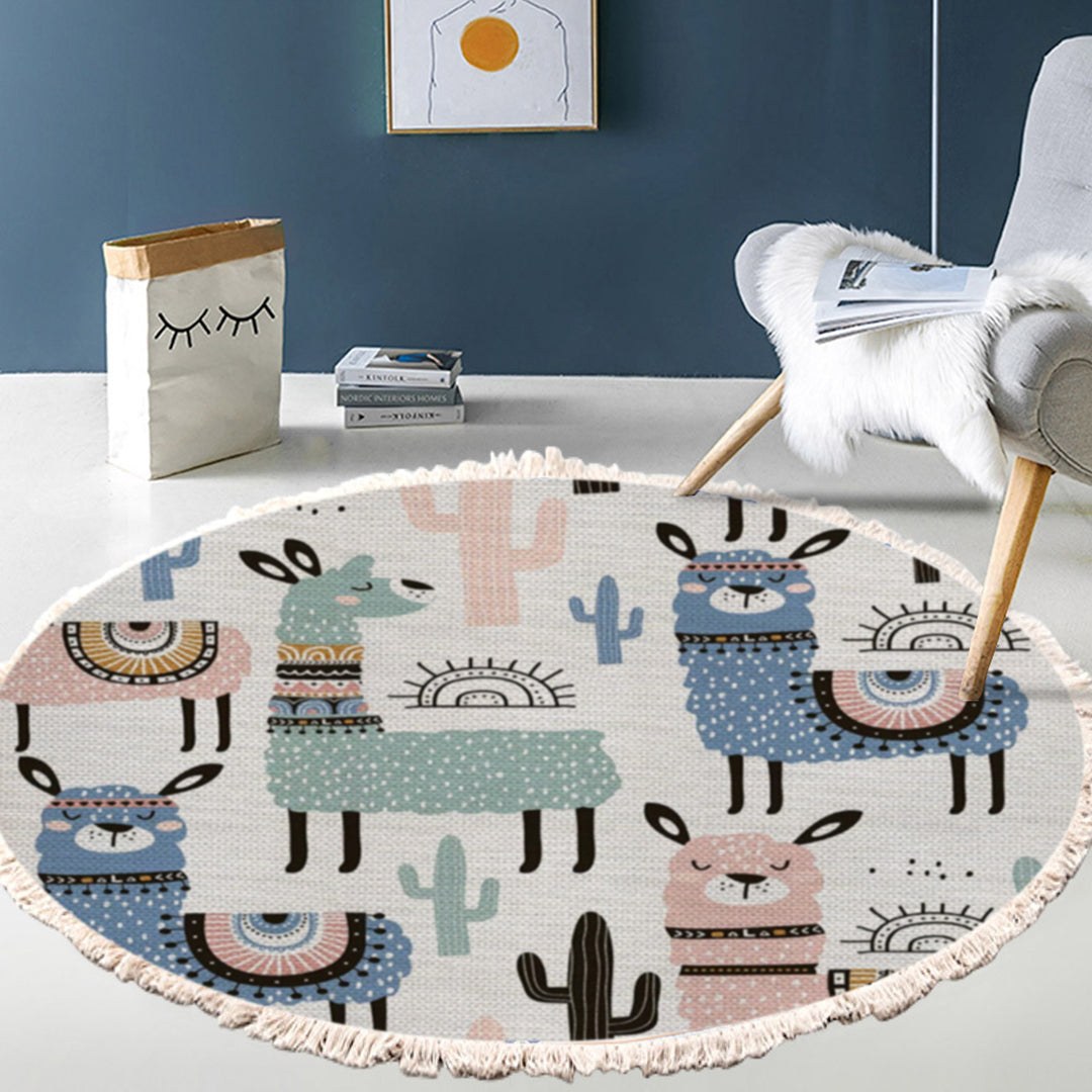 NNEAGS 2X 120cm Alpaca Cactus Pattern Rug Desert Animals Non-Slip Round Area Rugs for Living Room Dining Room-4