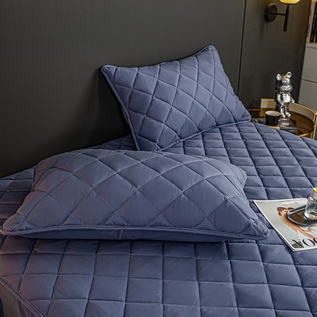 NNEAGS 2X Blue 153cm Wide Cross-Hatch Mattress Cover Thick Quilted Stretchable Bed Spread Sheet Protector with Pillow Covers-4