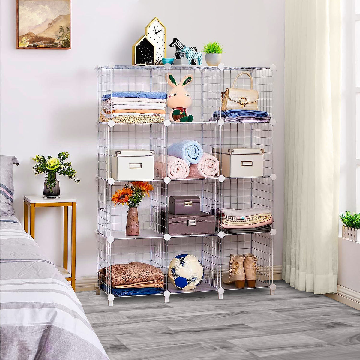 NNEAGS White Portable 12-Cube 3 Column Storage Organiser Foldable DIY Modular Grid Space Saving Shelf-4