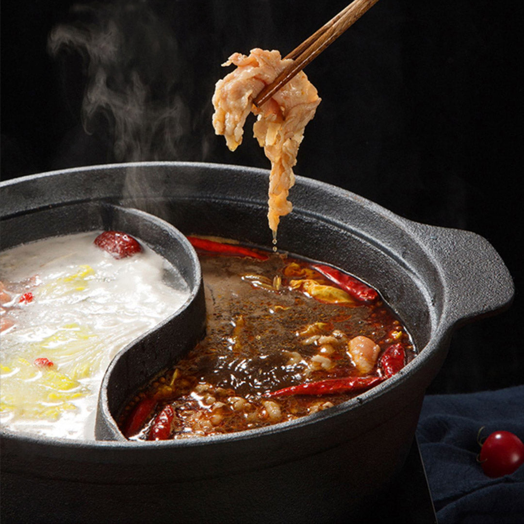 NNEAGS 32CM Round Cast Iron Shabu Shabu Hotpot Beef Chicken Stew Wok Two-Flavor Division-4