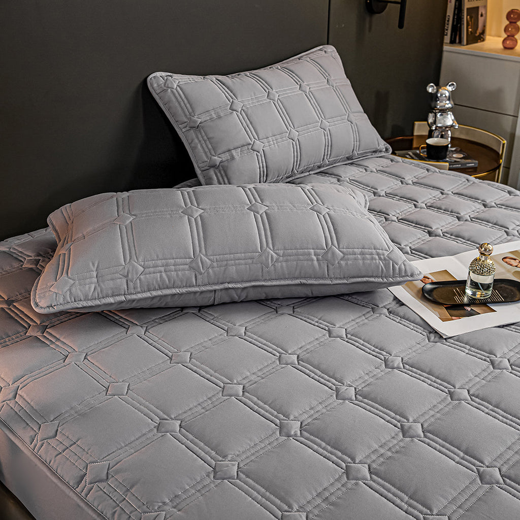 NNEAGS Grey 153cm Wide Mattress Cover Thick Quilted Stretchable Bed Spread Sheet Protector with Pillow Covers-4