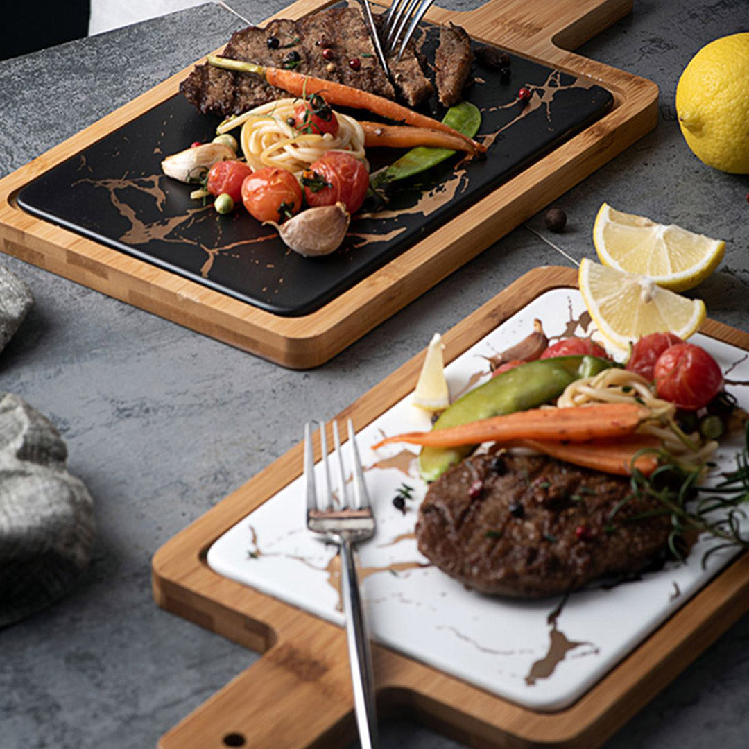 NNEAGS 2X 33.5cm White Square Wooden Serving Tray Slate Steak Serving Platter Chopping Board Paddle Home Decor-4