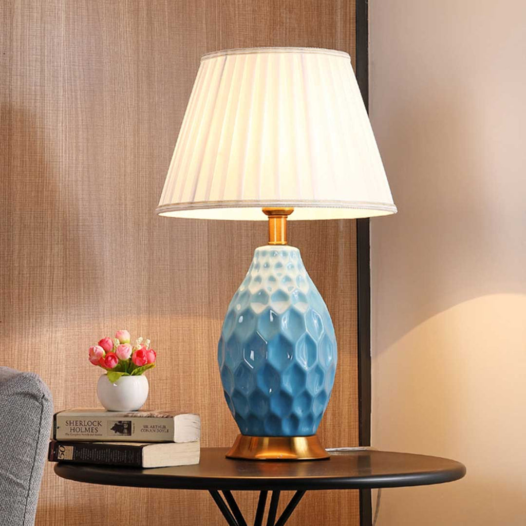NNEAGS 2X Textured Ceramic Oval Table Lamp with Gold Metal Base Blue-4