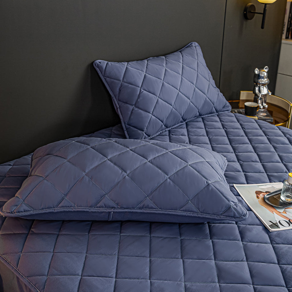NNEAGS 2X Blue 183cm Wide Cross-Hatch Mattress Cover Thick Quilted Stretchable Bed Spread Sheet Protector with Pillow Covers-4