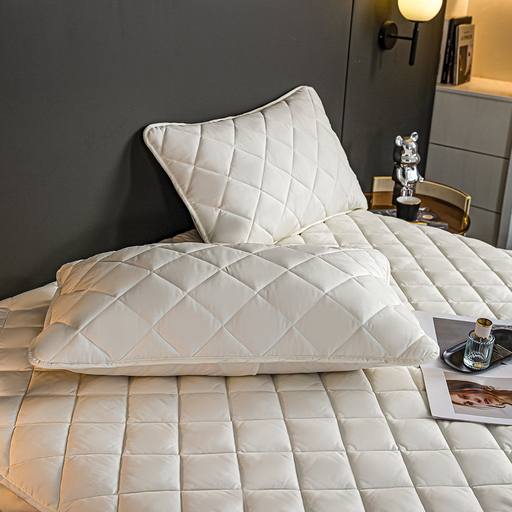 NNEAGS 2X White 138cm Wide Cross-Hatch Mattress Cover Thick Quilted Stretchable Bed Spread Sheet Protector with Pillow Covers-4