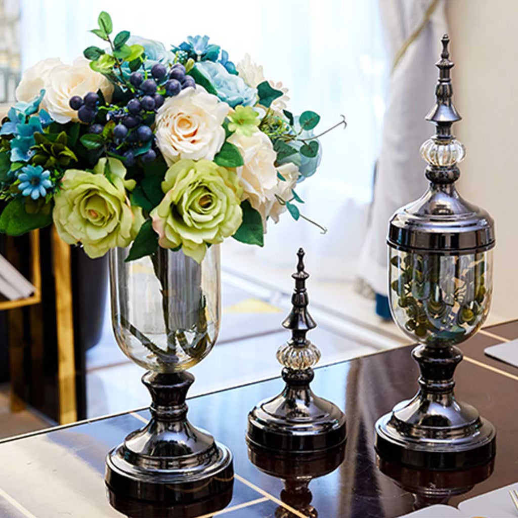 NNEAGS 2X Clear Glass Flower Vase with Lid and Pink Flower Filler Vase Bronze Set-4