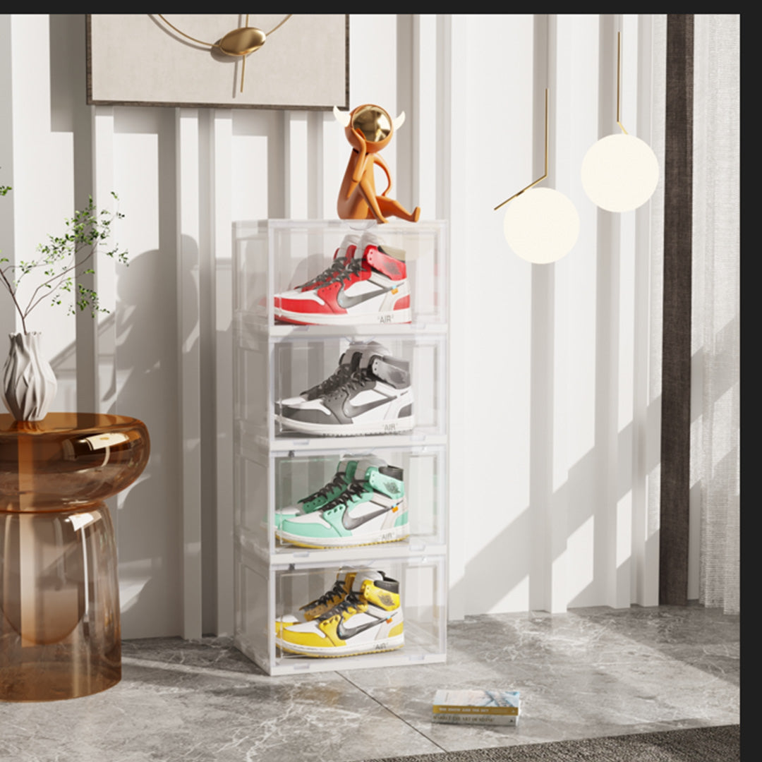NNEAGS 2X 4 Tier Transparent Portable Shoe Organiser Sneaker Footwear Folding Plastic Bin Stackable Storage Box with Magnetic Door-4