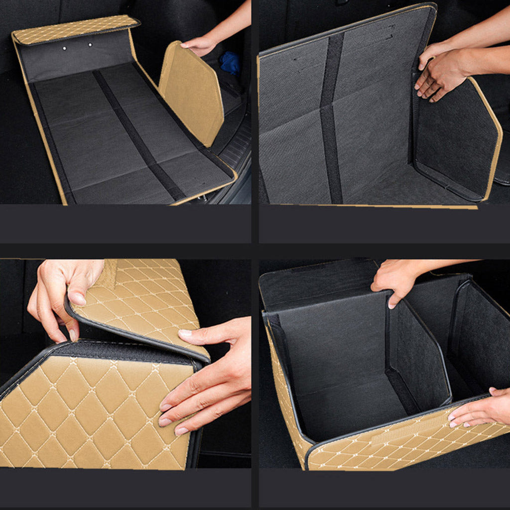 NNEAGS 4X Leather Car Boot Collapsible Foldable Trunk Cargo Organizer Portable Storage Box Beige/Gold Stitch Large-4