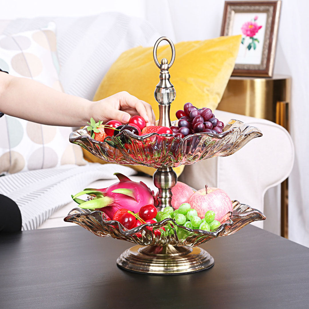 NNEAGS 2 Tier Bronze Lotus Vertex Crystal Glass Fruit Bowl Candy Holder Countertop Dessert Serving Basket Decor-4