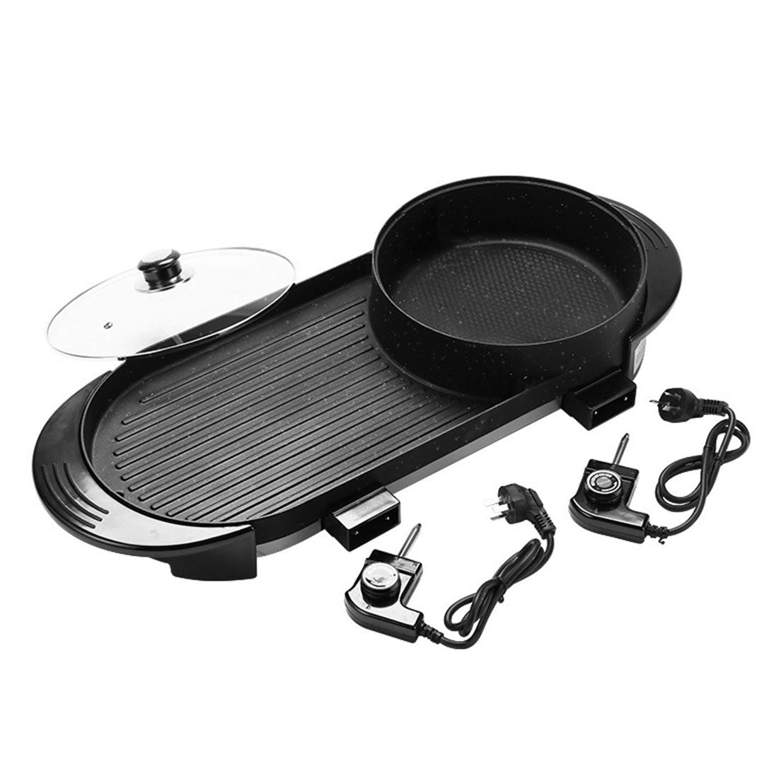 NNEAGS 2X 2  in 1 Electric Non-Stick BBQ Teppanyaki Grill Plate Steamboat Hotpot 2-8 Person-4
