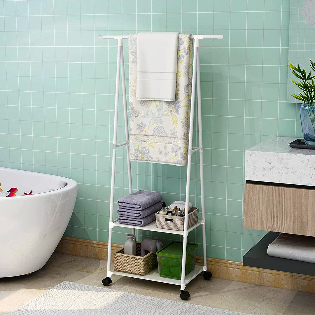 NNEAGS 2X 2-in-1 Organiser Clothes Shoe Rack Space-Saving Triangular Storage with Wheels White-4